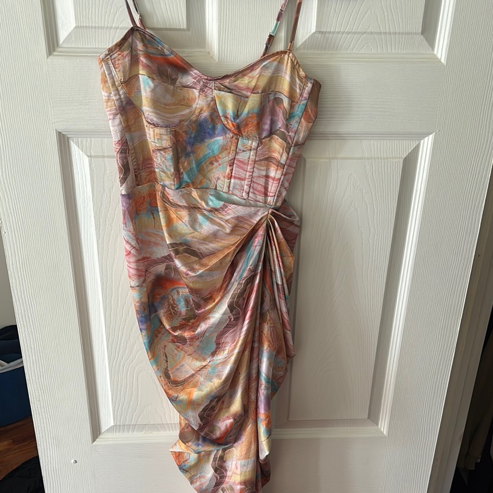 PrettyLittleThing Orange and Blue High-Low Cocktail Dress